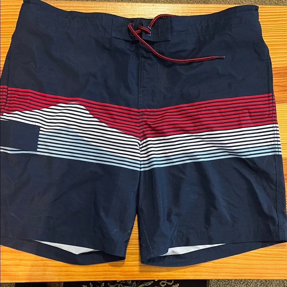 Men's Navy Stripe Swim Trunks with Red Accent
